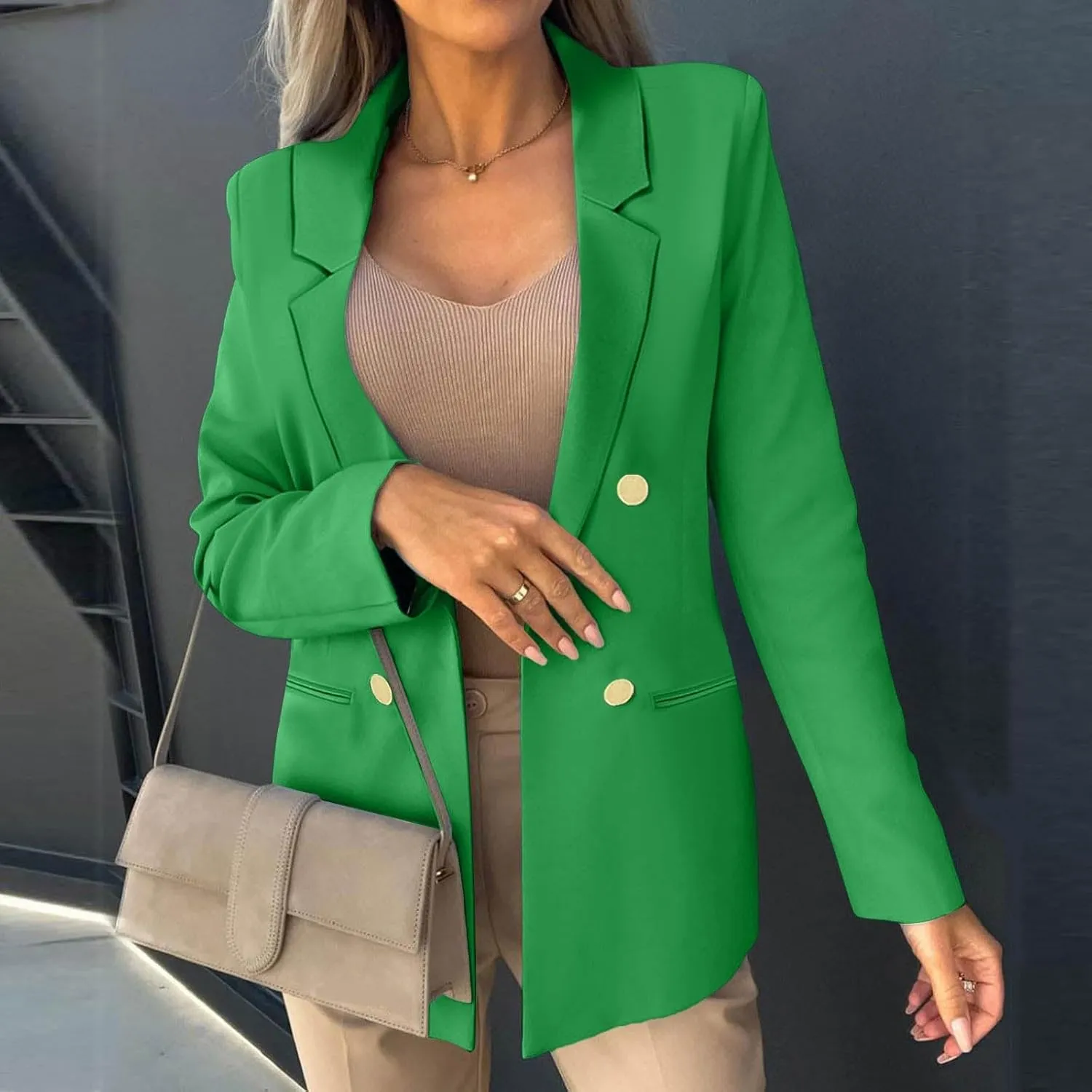 Women Business Casual Blazer Jacket Open Front Long Sleeve Button Jackets Notched Lapel Work Office Suit Jackets