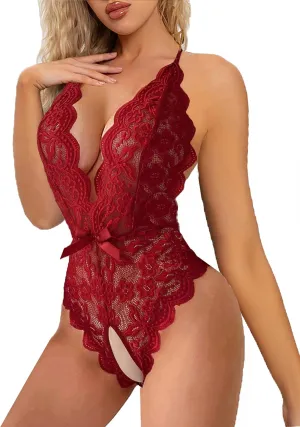 Women Deep V Teddy Lingerie Sexy Lace Bodysuit One Piece Floral Lace Babydoll (M, Bow Ties Red)
