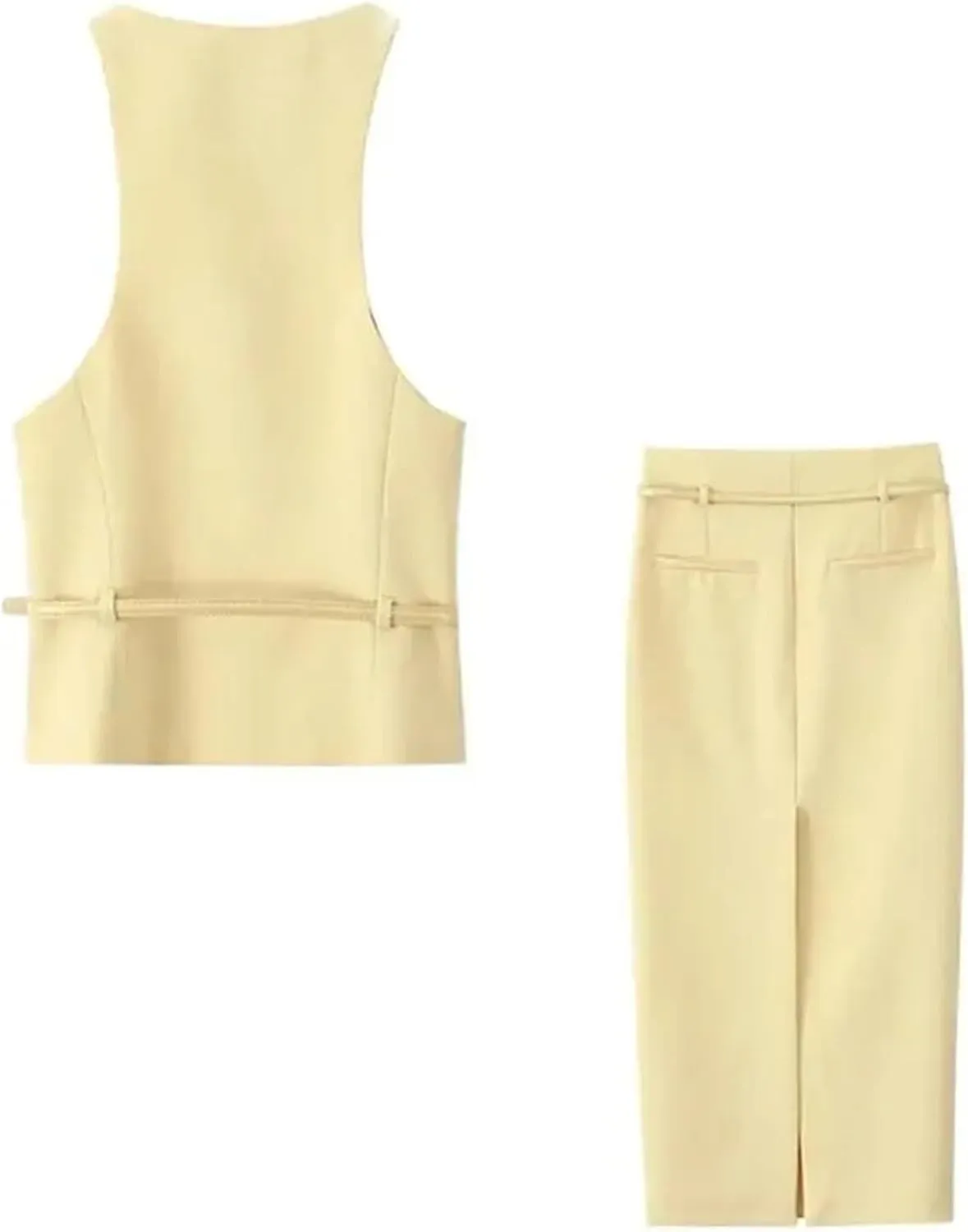 Women Fashion With Belt Front Button Tank Tops And High Waist Side Zipper Midi Skirts Two Piece Sets