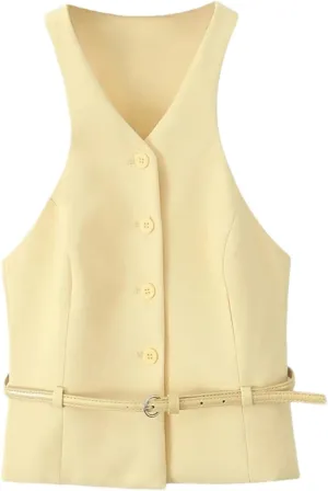 Women Fashion With Belt Front Button Tank Tops And High Waist Side Zipper Midi Skirts Two Piece Sets
