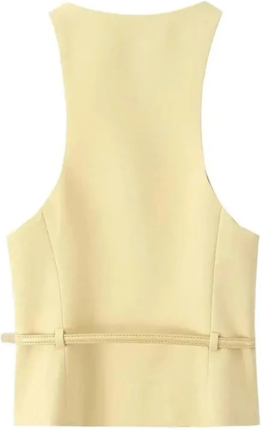 Women Fashion With Belt Front Button Tank Tops And High Waist Side Zipper Midi Skirts Two Piece Sets