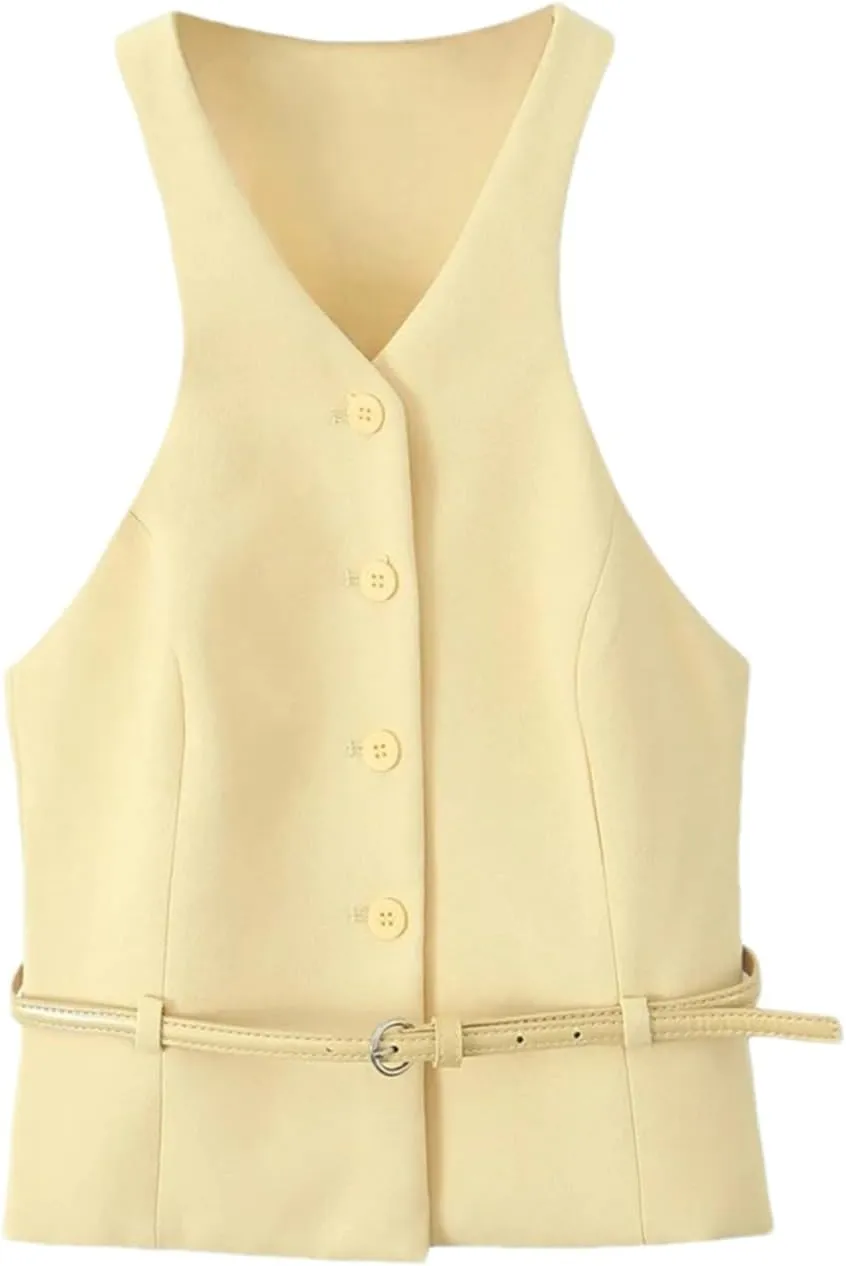 Women Fashion With Belt Front Button Tank Tops And High Waist Side Zipper Midi Skirts Two Piece Sets