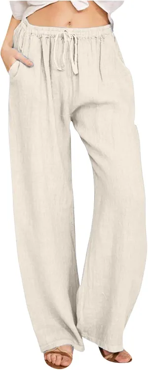 Women High Waisted Wide Leg Pants Fashion Drawstring Elastic Trousers Comfy Straight Leg Long Pants with Pockets