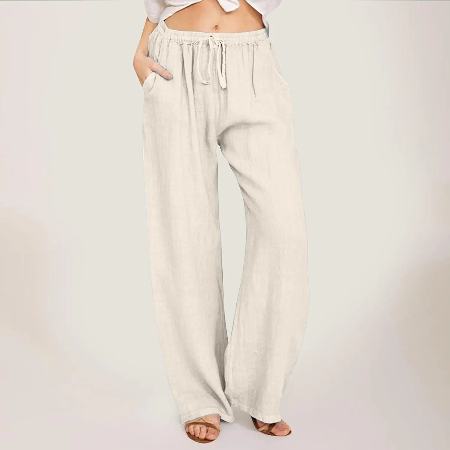 Women High Waisted Wide Leg Pants Fashion Drawstring Elastic Trousers Comfy Straight Leg Long Pants with Pockets