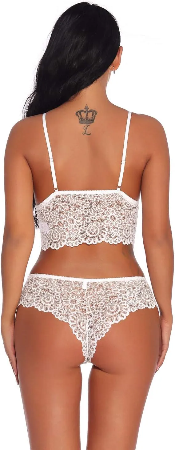 Women Lace Lingerie Bralette Bra and Panty Set Underwear 2 Piece Babydoll Sleepwear Bodysuit