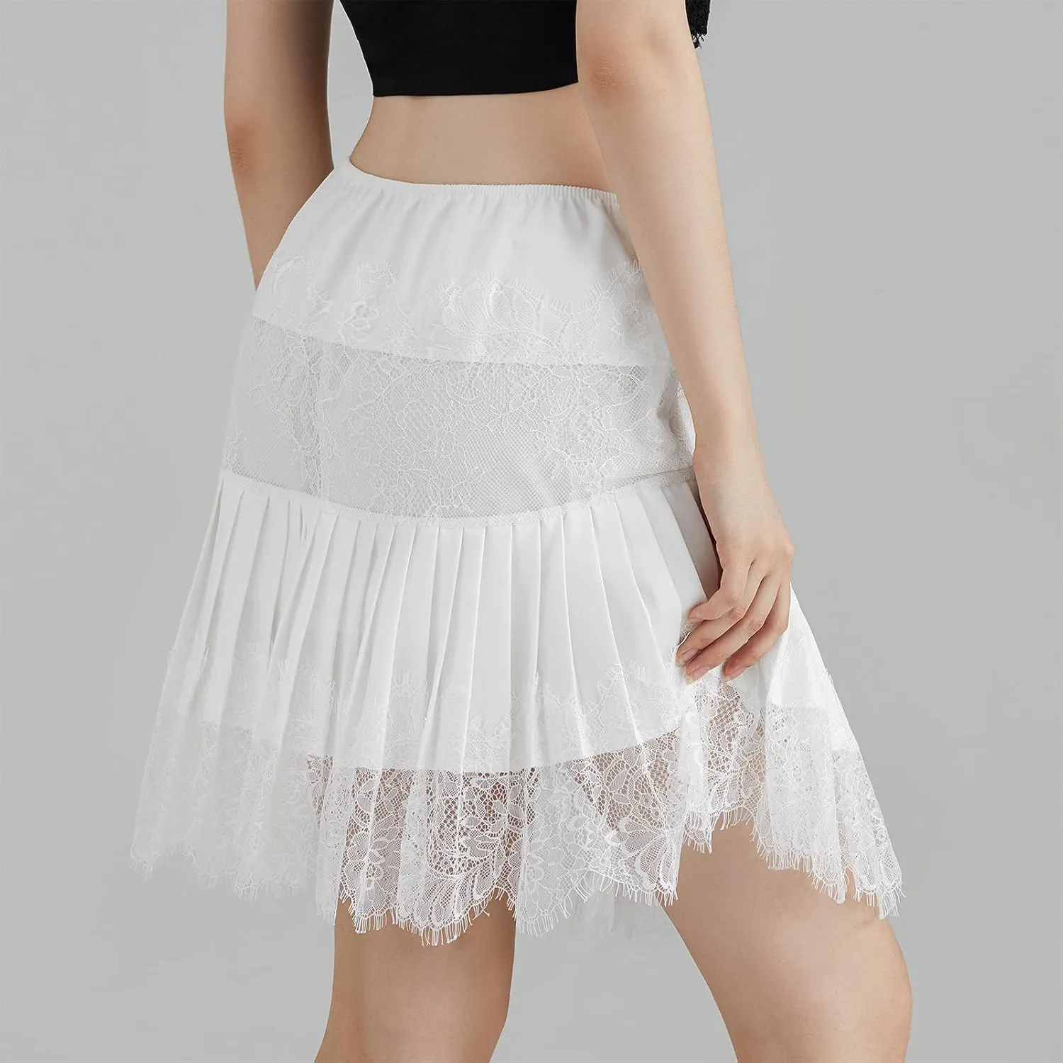 Women Lace Skirt Ruffle Mini Skirt Half Slip Layered Pleated Flowy Skirt