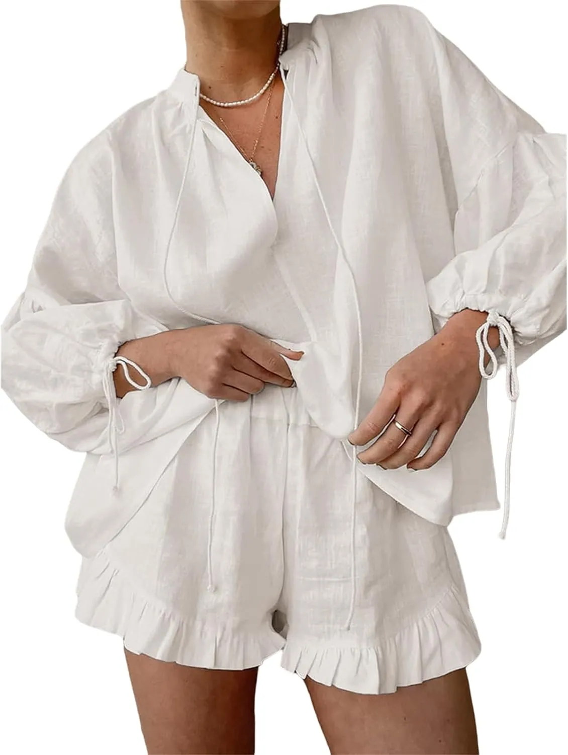 Women Linen Shorts Sets 2 Piece Outfits Long Sleeve Tie Front Tops and Ruffled Boxer Shorts Tracksuit Matching Sets
