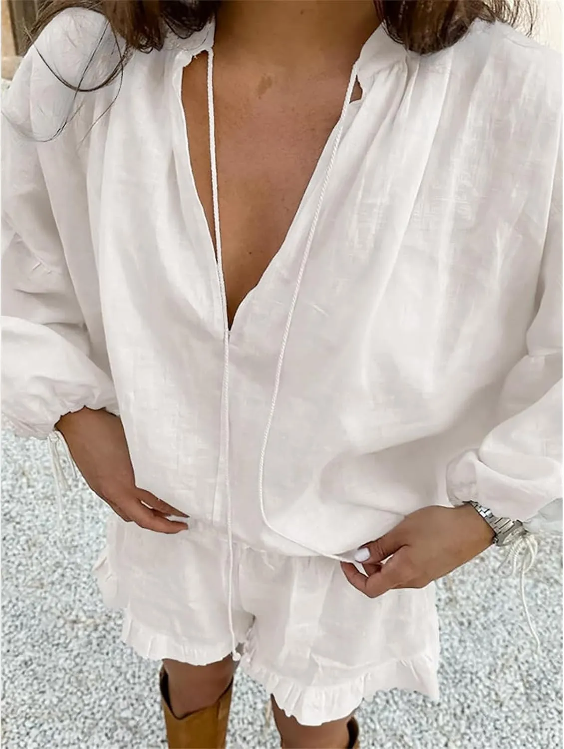 Women Linen Shorts Sets 2 Piece Outfits Long Sleeve Tie Front Tops and Ruffled Boxer Shorts Tracksuit Matching Sets