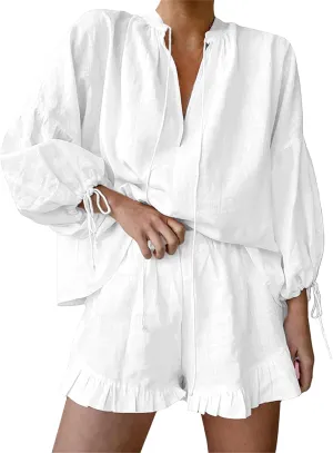 Women Linen Shorts Sets 2 Piece Outfits Long Sleeve Tie Front Tops and Ruffled Boxer Shorts Tracksuit Matching Sets