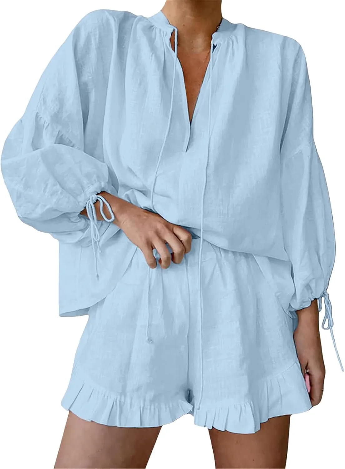 Women Linen Shorts Sets 2 Piece Outfits Long Sleeve Tie Front Tops and Ruffled Boxer Shorts Tracksuit Matching Sets