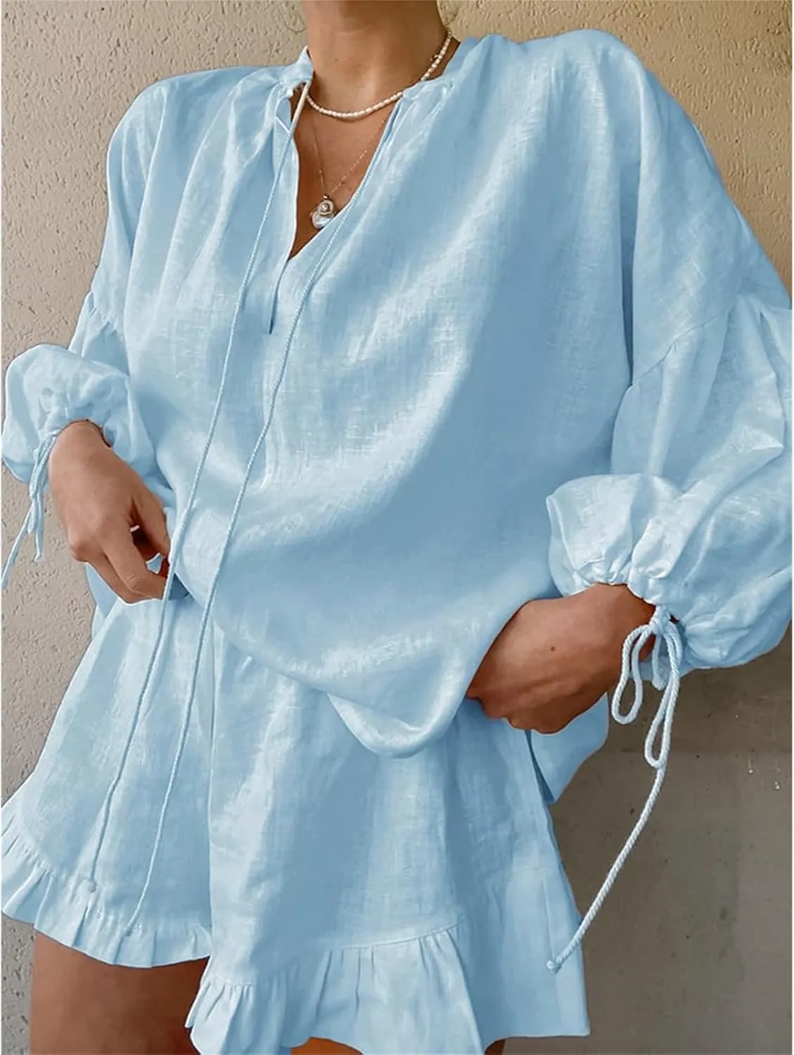 Women Linen Shorts Sets 2 Piece Outfits Long Sleeve Tie Front Tops and Ruffled Boxer Shorts Tracksuit Matching Sets