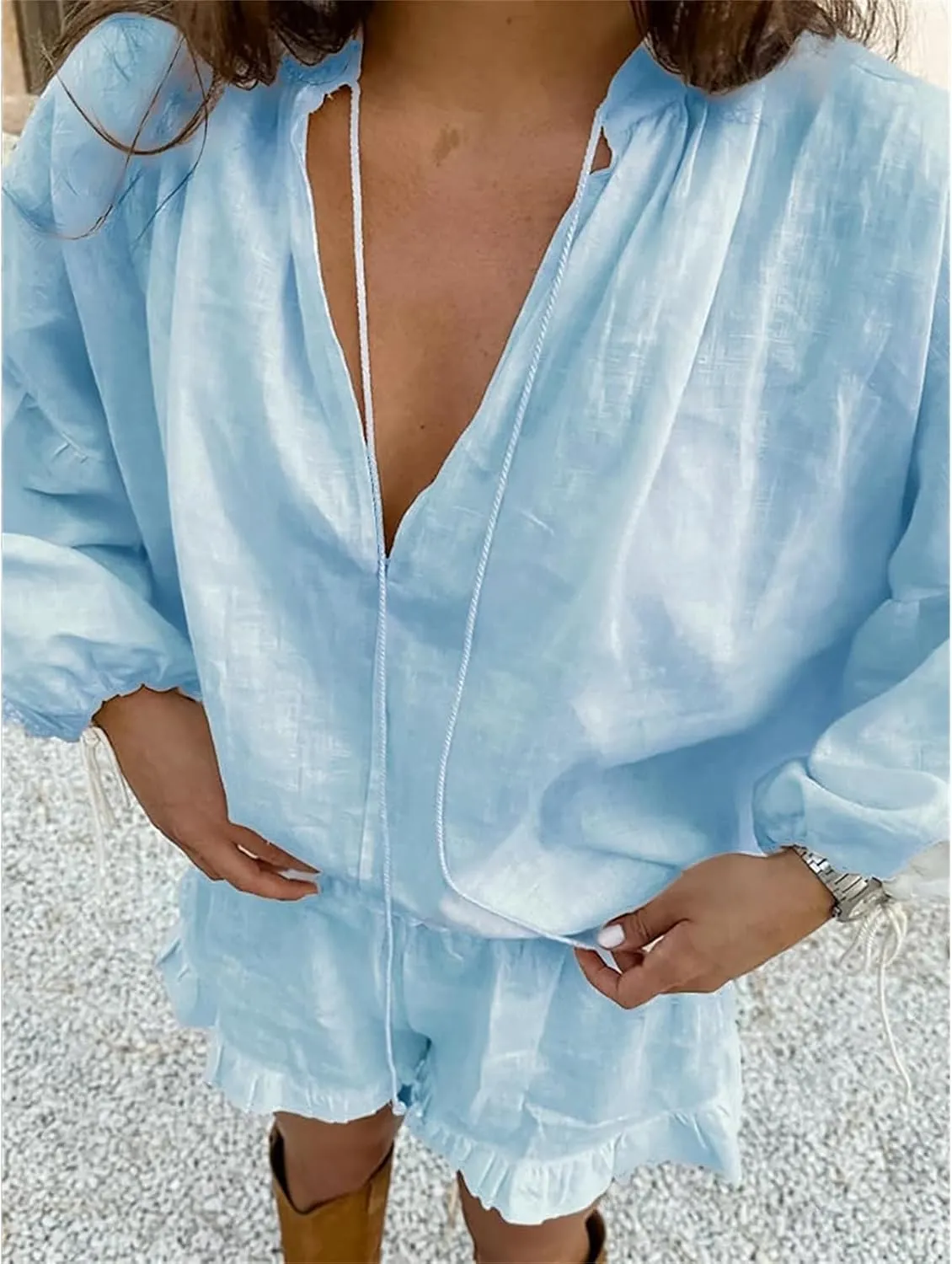 Women Linen Shorts Sets 2 Piece Outfits Long Sleeve Tie Front Tops and Ruffled Boxer Shorts Tracksuit Matching Sets