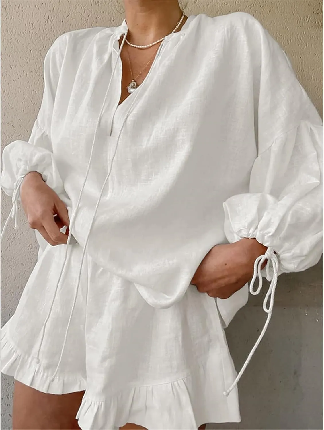 Women Linen Shorts Sets 2 Piece Outfits Long Sleeve Tie Front Tops and Ruffled Boxer Shorts Tracksuit Matching Sets