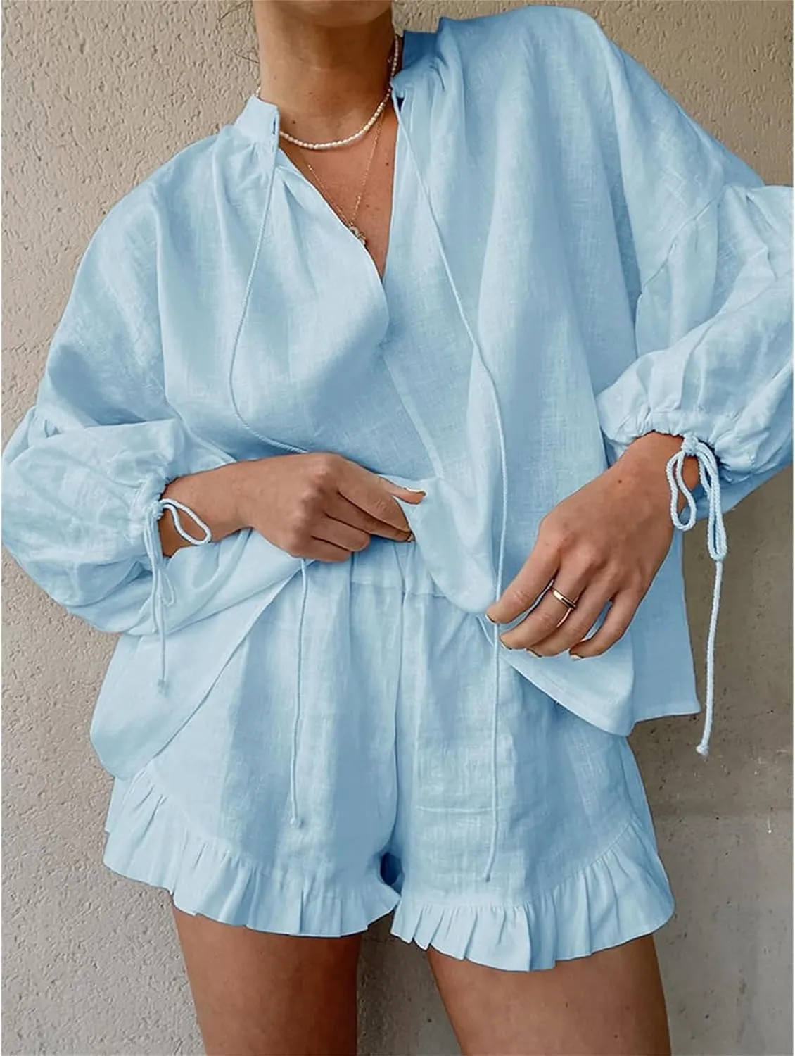 Women Linen Shorts Sets 2 Piece Outfits Long Sleeve Tie Front Tops and Ruffled Boxer Shorts Tracksuit Matching Sets