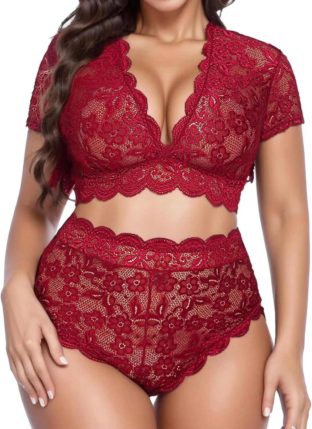 Women Lingerie Strappy Nightwear 2 Pieces Set Lace Babydoll Adjustable Strappy Bodysuit Costume Set