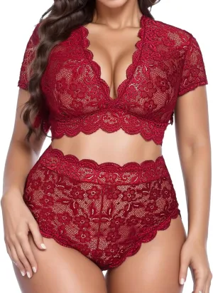 Women Lingerie Strappy Nightwear 2 Pieces Set Lace Babydoll Adjustable Strappy Bodysuit Costume Set