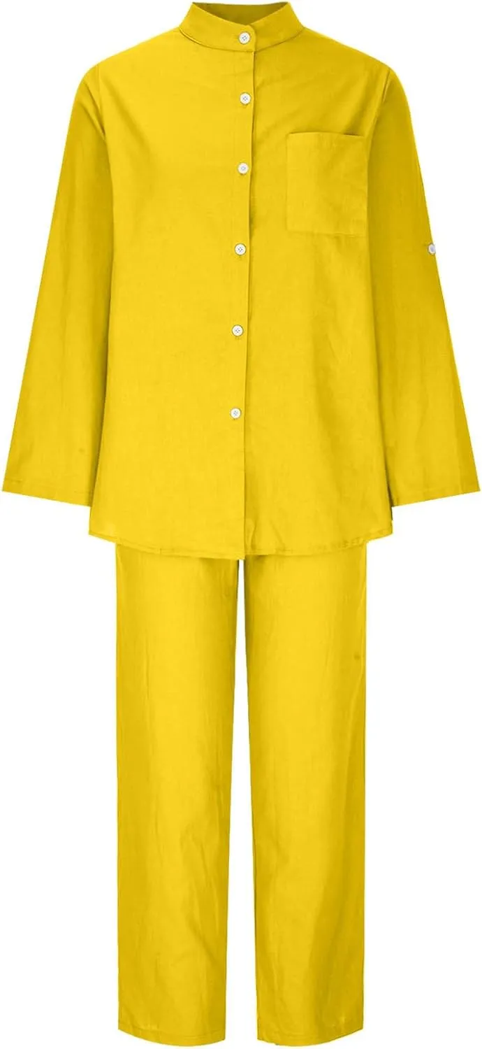 Women Long Sleeve Cotton Linen Sets 2 Piece Outfits Fashion Lapel Button Down Shirts and Elastic Waist Wide Leg Pants