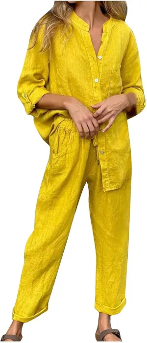 Women Long Sleeve Cotton Linen Sets 2 Piece Outfits Fashion Lapel Button Down Shirts and Elastic Waist Wide Leg Pants