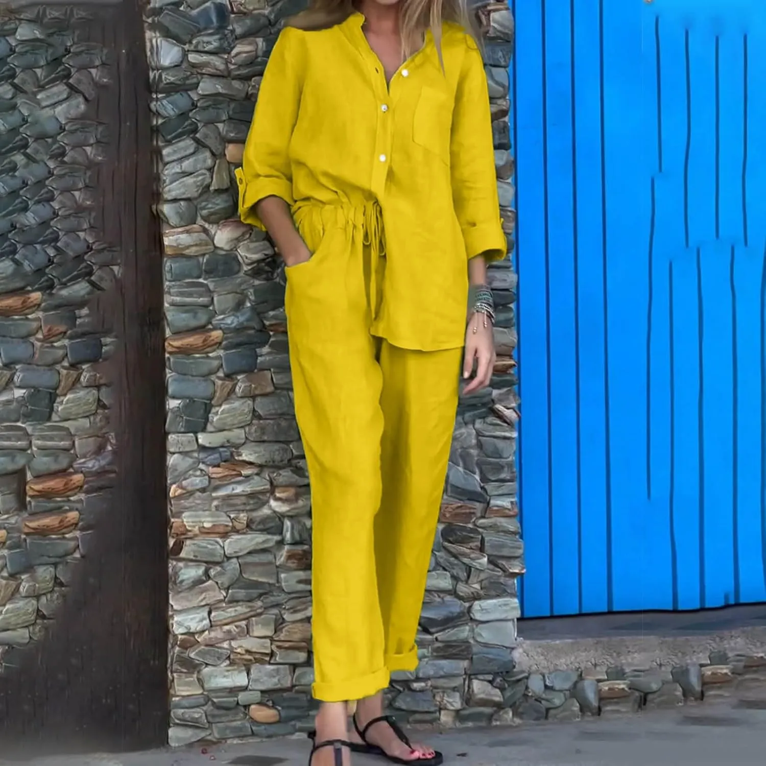 Women Long Sleeve Cotton Linen Sets 2 Piece Outfits Fashion Lapel Button Down Shirts and Elastic Waist Wide Leg Pants