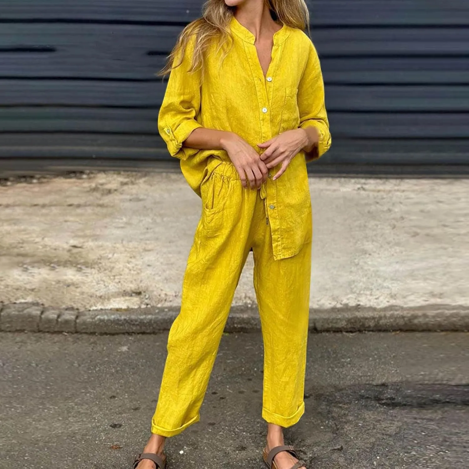 Women Long Sleeve Cotton Linen Sets 2 Piece Outfits Fashion Lapel Button Down Shirts and Elastic Waist Wide Leg Pants