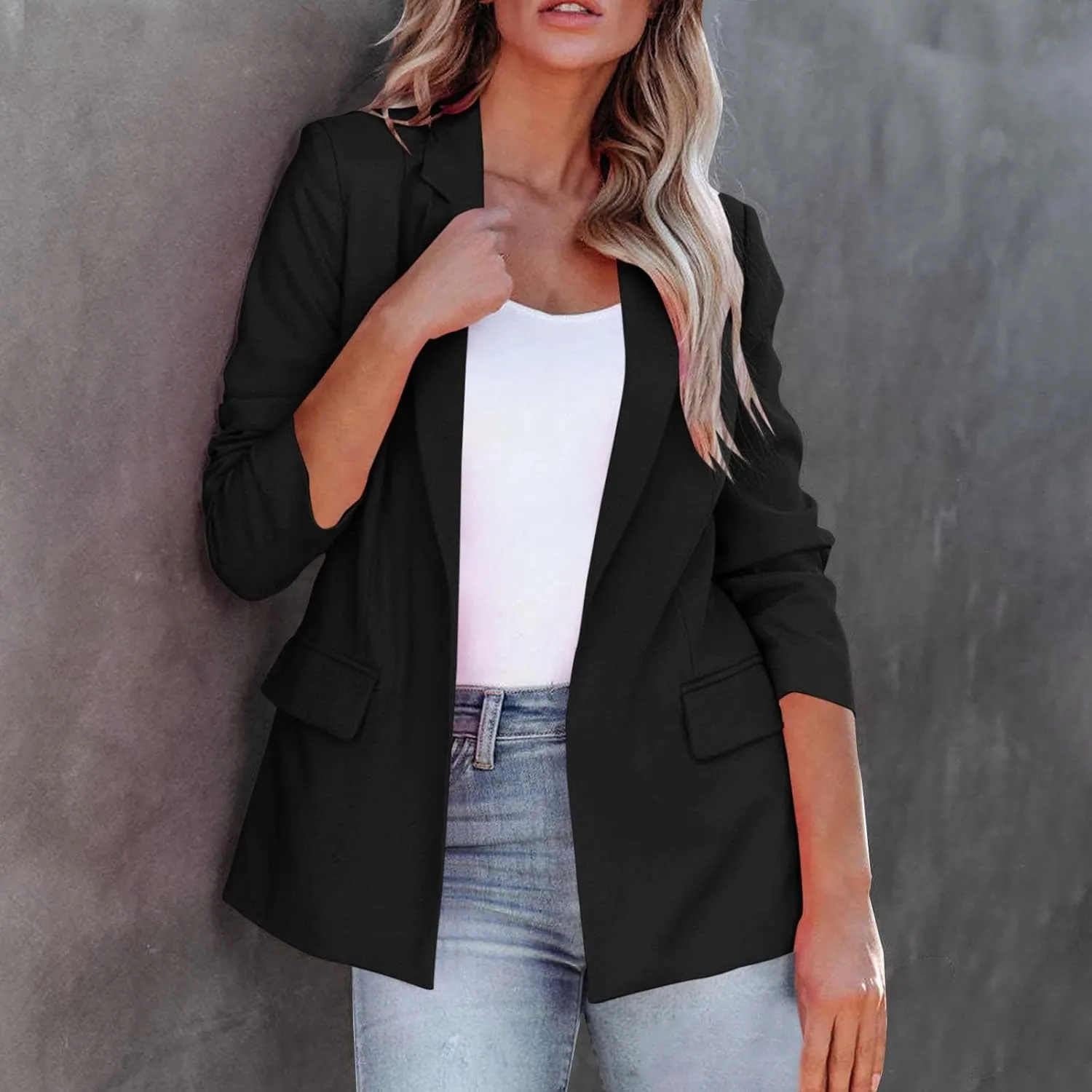 Women Open Front Blazers 2024 Sleeve Front Notched Collar Suit Cardigan Cardigan Fall Fashion Work Office Blazer