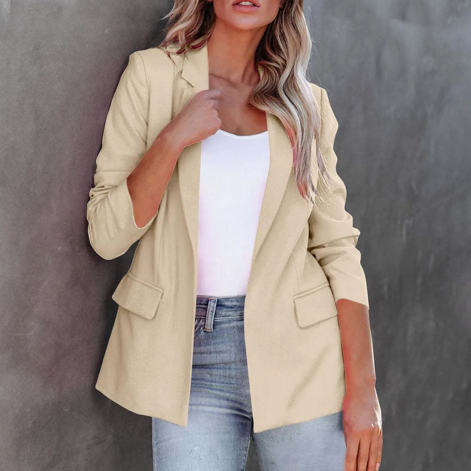 Women Open Front Blazers 2024 Sleeve Front Notched Collar Suit Cardigan Cardigan Fall Fashion Work Office Blazer