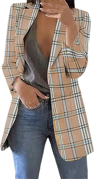 Women Plaid Sweatshirt Blazer Plus Size Notch Lapel Business Work Checkered Suit Jacket Stylish Open Front Cardigan