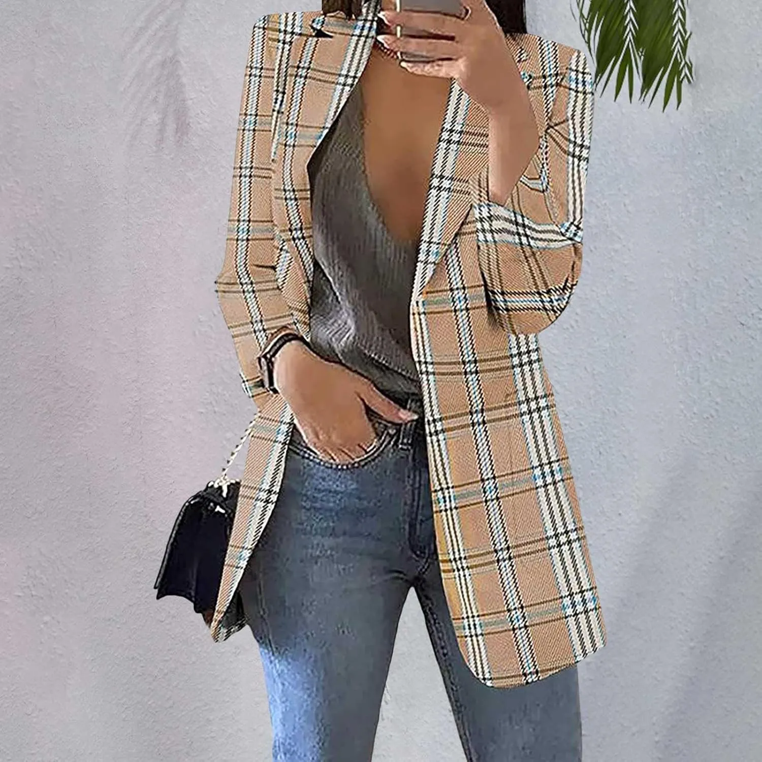 Women Plaid Sweatshirt Blazer Plus Size Notch Lapel Business Work Checkered Suit Jacket Stylish Open Front Cardigan