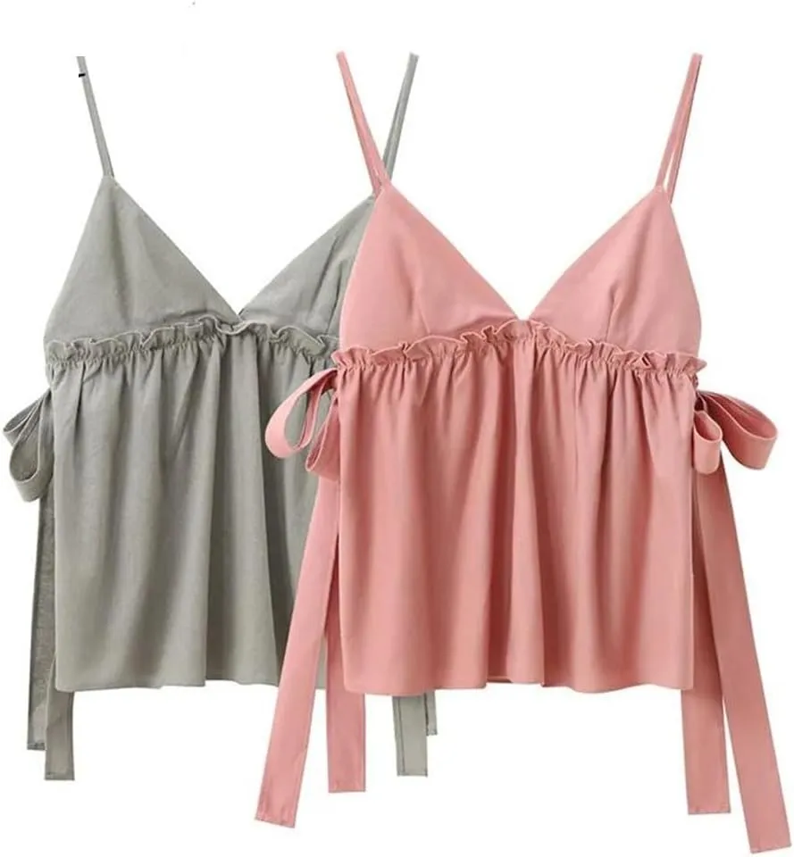 Women Ruffle Crop Bow Ties Sleeveless Backless Top Straps Ruched Sexy Tops Tanks and Camis