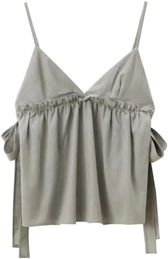 Women Ruffle Crop Bow Ties Sleeveless Backless Top Straps Ruched Sexy Tops Tanks and Camis