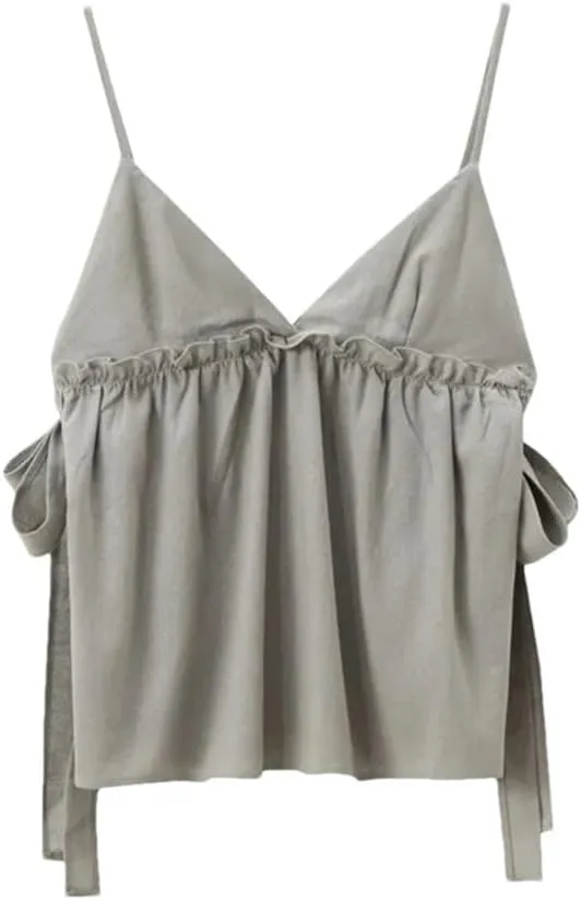 Women Ruffle Crop Bow Ties Sleeveless Backless Top Straps Ruched Sexy Tops Tanks and Camis