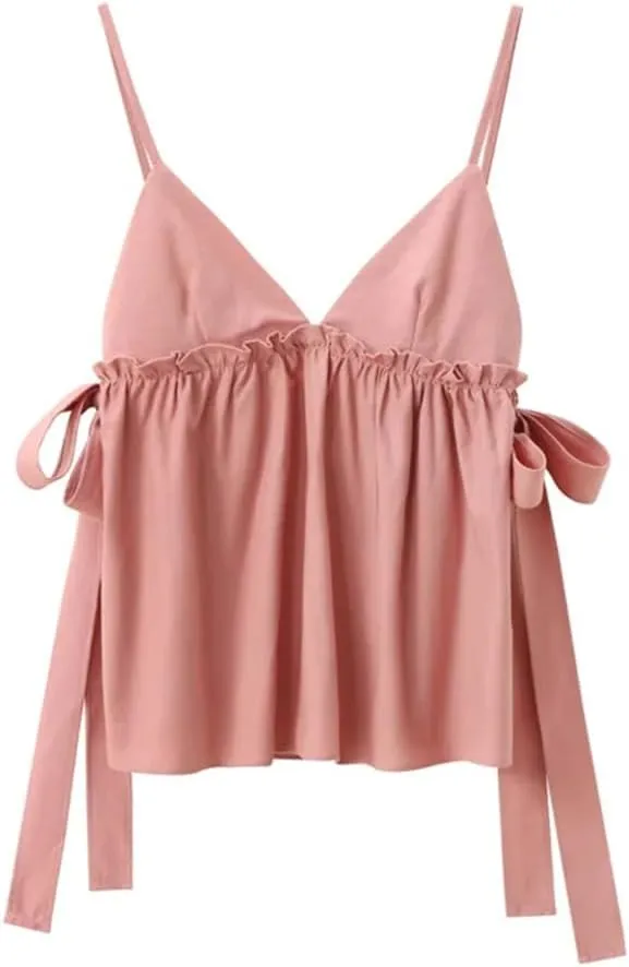 Women Ruffle Crop Bow Ties Sleeveless Backless Top Straps Ruched Sexy Tops Tanks and Camis