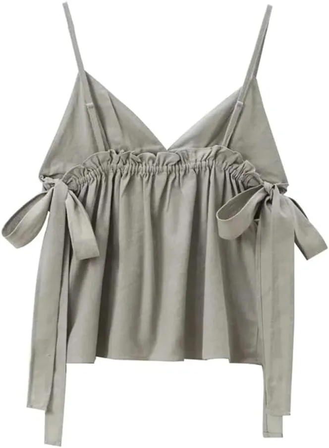 Women Ruffle Crop Bow Ties Sleeveless Backless Top Straps Ruched Sexy Tops Tanks and Camis