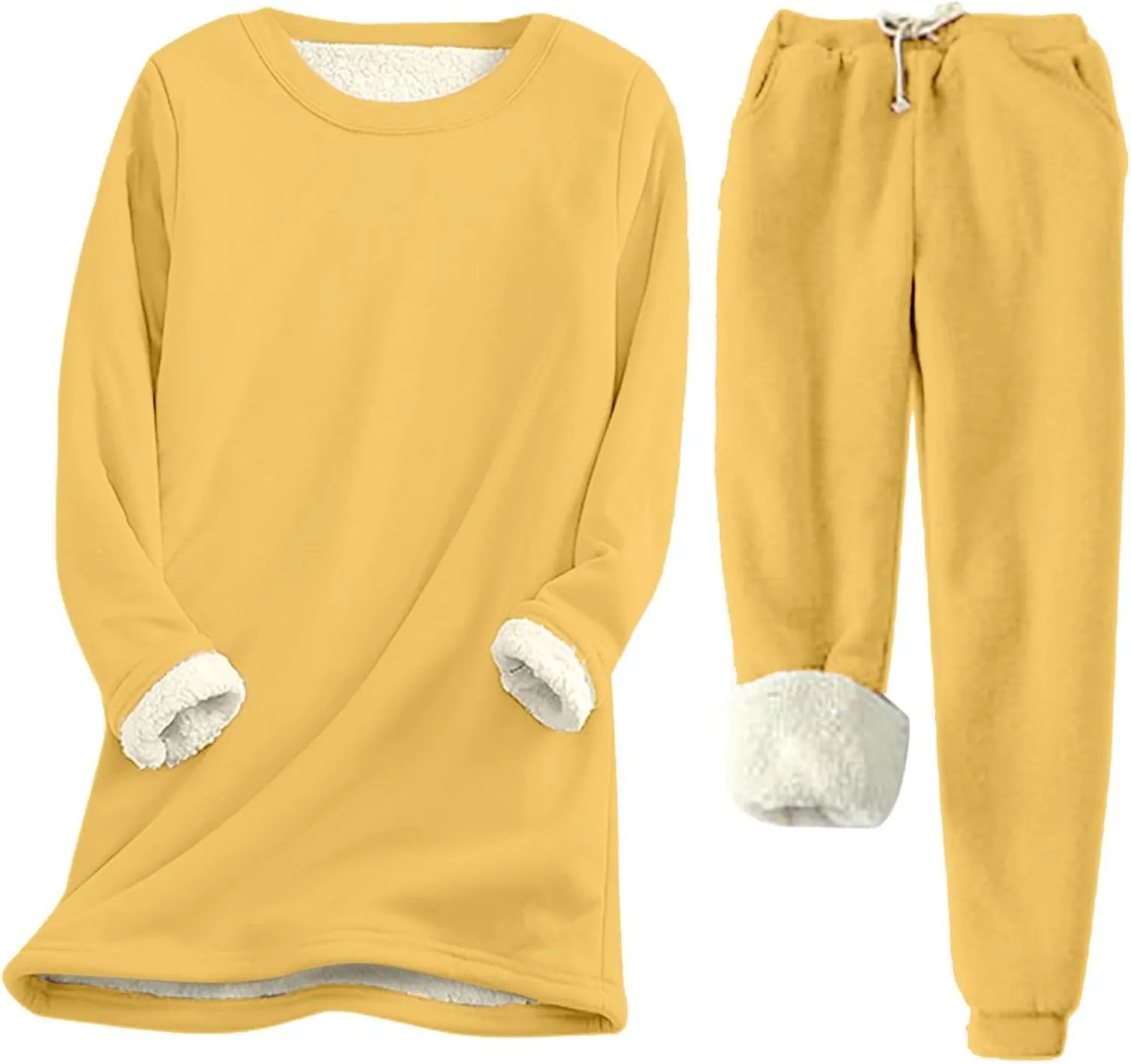 Women Sherpa Lined Pajamas Set 2 Piece Winter Warm Fleece Sweatshirt Pants Set Plus Size Soft Fuzzy Loungewear Outfit