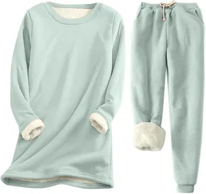 Women Sherpa Lined Pajamas Set 2 Piece Winter Warm Fleece Sweatshirt Pants Set Plus Size Soft Fuzzy Loungewear Outfit