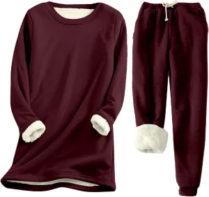 Women Sherpa Lined Pajamas Set 2 Piece Winter Warm Fleece Sweatshirt Pants Set Plus Size Soft Fuzzy Loungewear Outfit