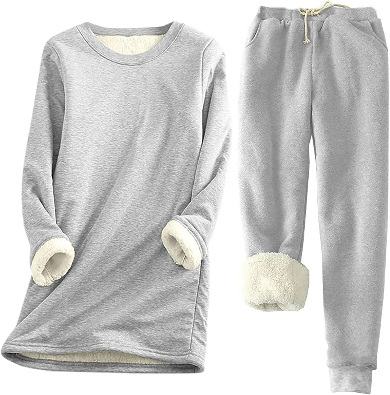 Women Sherpa Lined Pajamas Set 2 Piece Winter Warm Fleece Sweatshirt Pants Set Plus Size Soft Fuzzy Loungewear Outfit