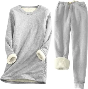 Women Sherpa Lined Pajamas Set 2 Piece Winter Warm Fleece Sweatshirt Pants Set Plus Size Soft Fuzzy Loungewear Outfit