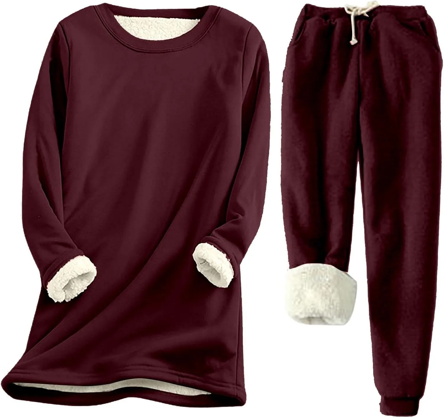 Women Sherpa Lined Pajamas Set 2 Piece Winter Warm Fleece Sweatshirt Pants Set Plus Size Soft Fuzzy Loungewear Outfit
