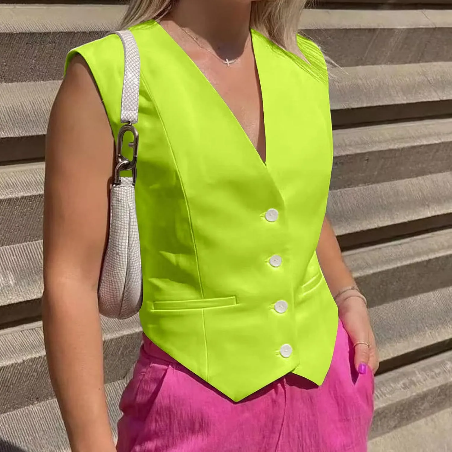 Women Sleeveless Crop Blazer Vest Fitted V Neck Waistcoat Jackets Button Up Irregular Hem Work Office Blazers Jacket