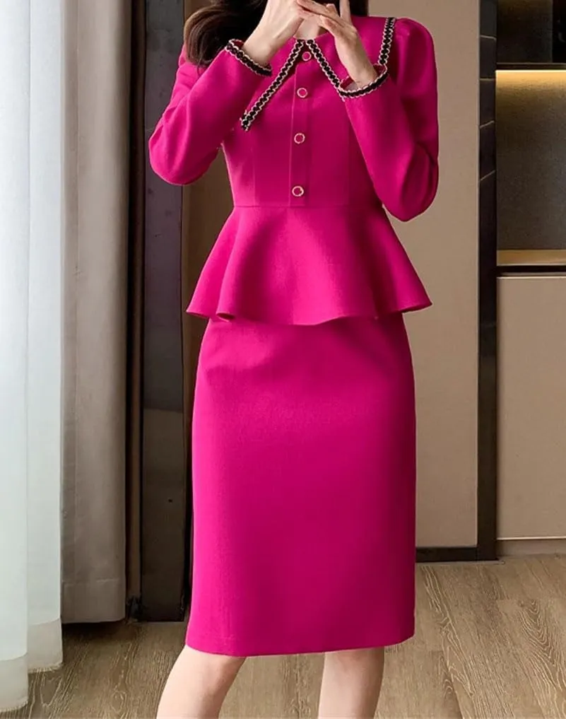 Women Slim Fit Skirt Suits Spring-Autumn Elegant Business Work Wear Suit Ruffled Hem Blazer Solid Sets