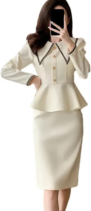 Women Slim Fit Skirt Suits Spring-Autumn Elegant Business Work Wear Suit Ruffled Hem Blazer Solid Sets