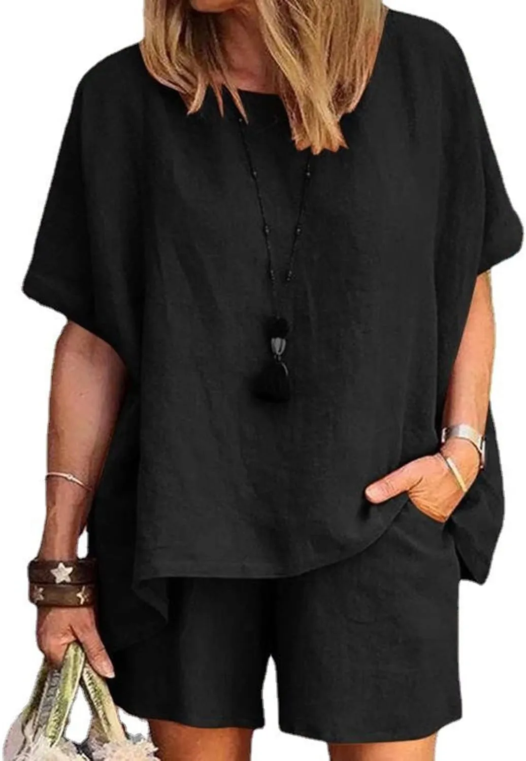 Women Summer Short Linen Sets 2 Piece Casual Oversized Crewneck Tshirt Tops Elastic Waist Wide Leg Shorts with Pocket