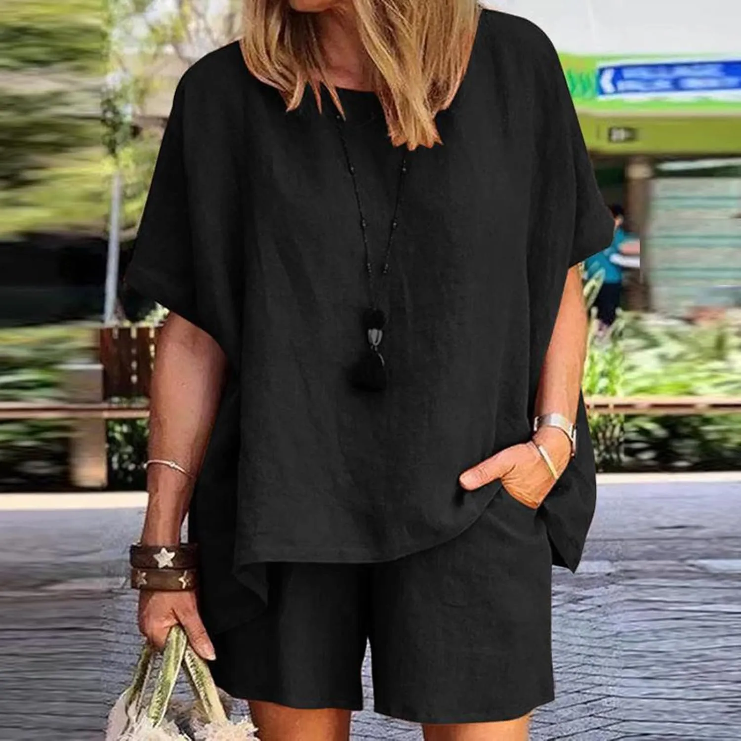 Women Summer Short Linen Sets 2 Piece Casual Oversized Crewneck Tshirt Tops Elastic Waist Wide Leg Shorts with Pocket