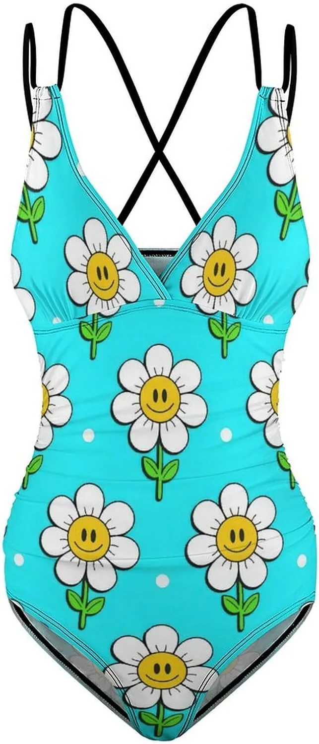 Womens' 1 Piece Bathing Suits Halterneck Crossed Tummy Control Smile Sunflower Simple Conservative Bathing Suits