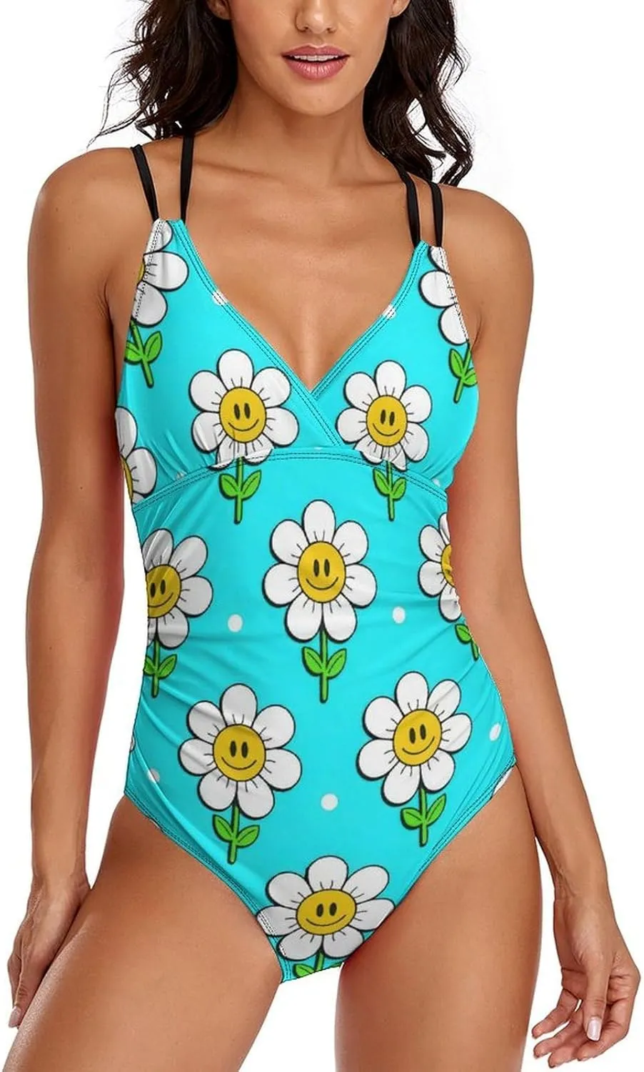 Womens' 1 Piece Bathing Suits Halterneck Crossed Tummy Control Smile Sunflower Simple Conservative Bathing Suits