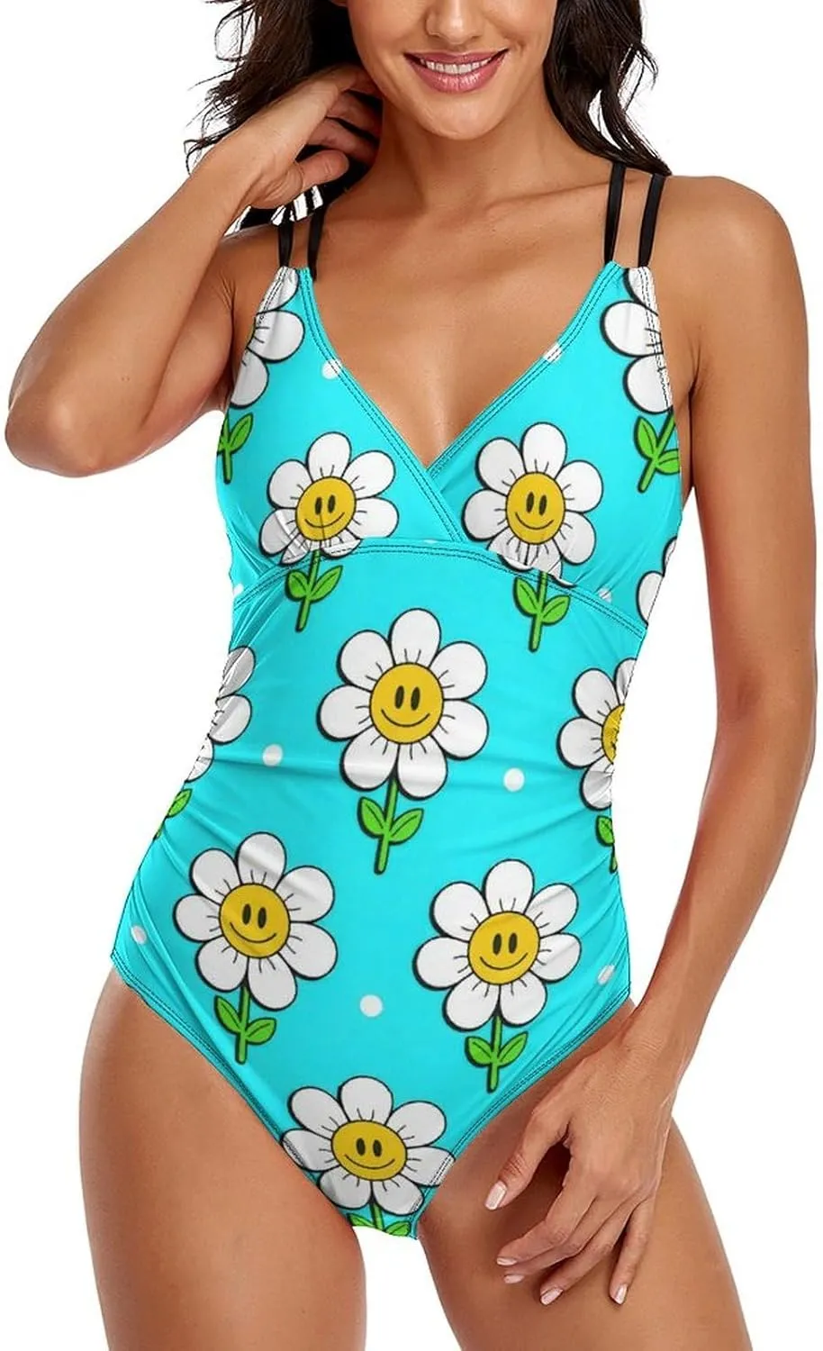 Womens' 1 Piece Bathing Suits Halterneck Crossed Tummy Control Smile Sunflower Simple Conservative Bathing Suits