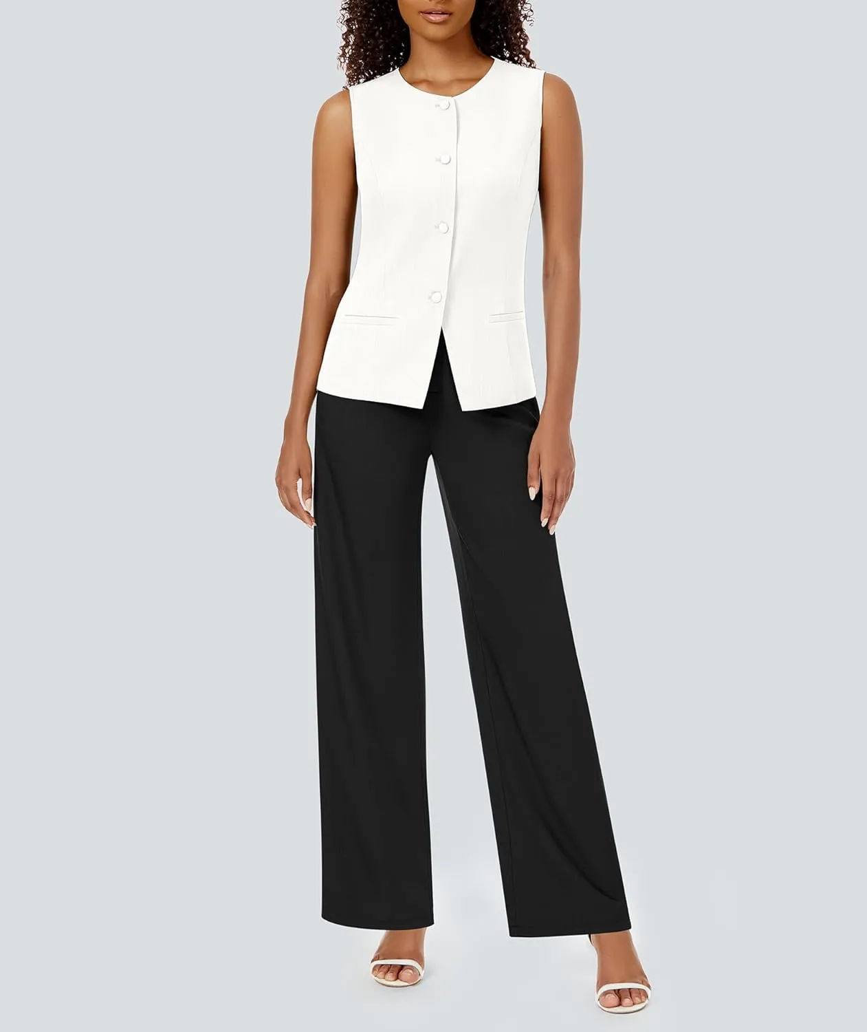 Women's 2 Piece Blazer Outfits Sleeveless Crewneck Vest Wide Leg Pantsuit 2025 Dressy Casual Work Sets