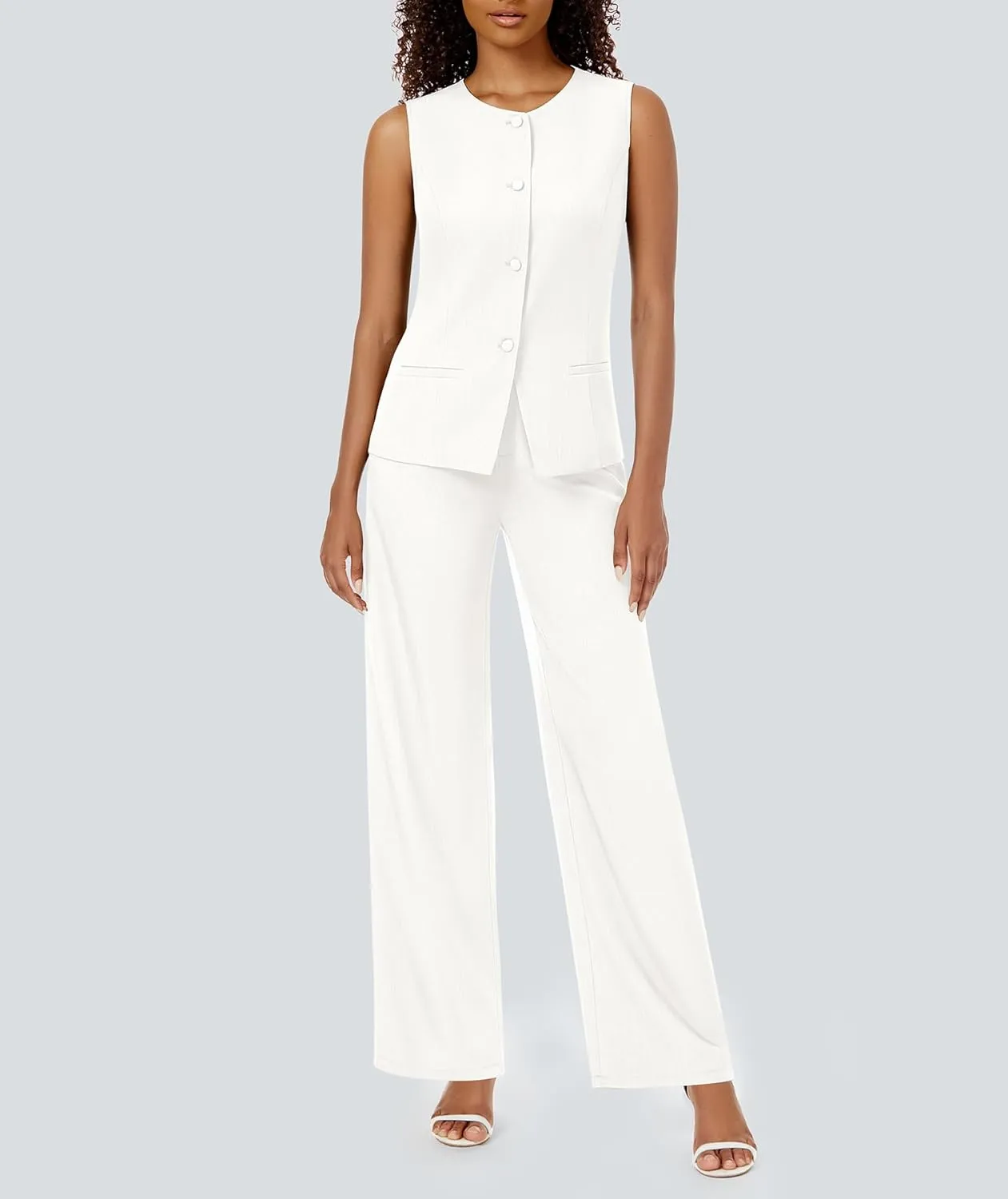 Women's 2 Piece Blazer Outfits Sleeveless Crewneck Vest Wide Leg Pantsuit 2025 Dressy Casual Work Sets