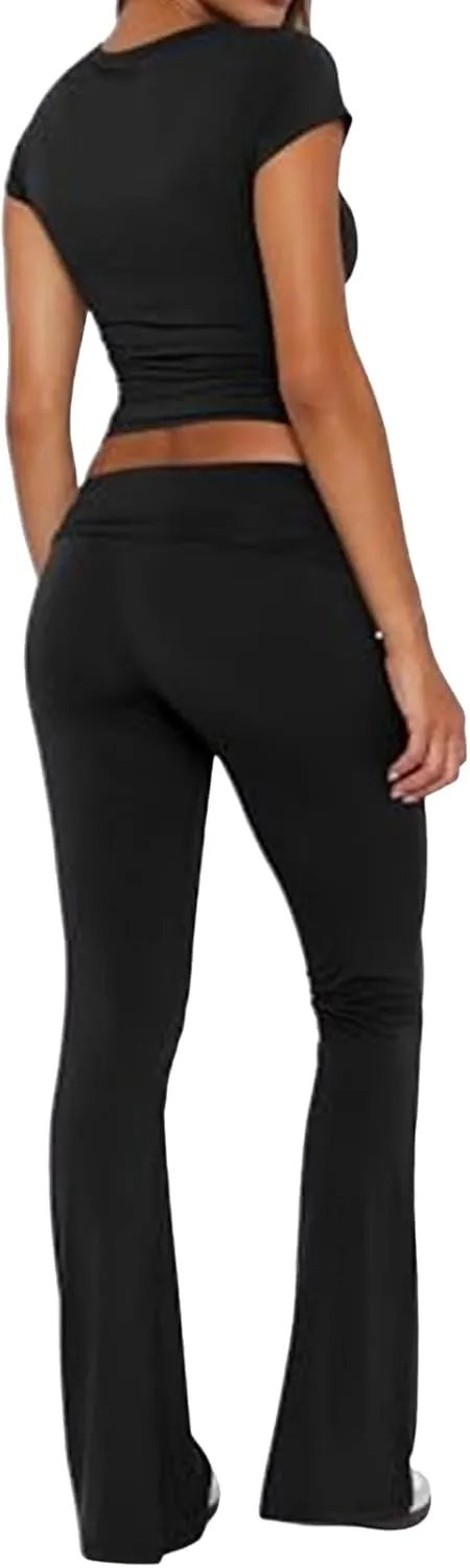 Womens 2 Piece Lounge Sets Foldover Yoga Flare Leggings Pant Short Sleeve Crop Top Casual Y2k Outfits Matching Set Tracksuit